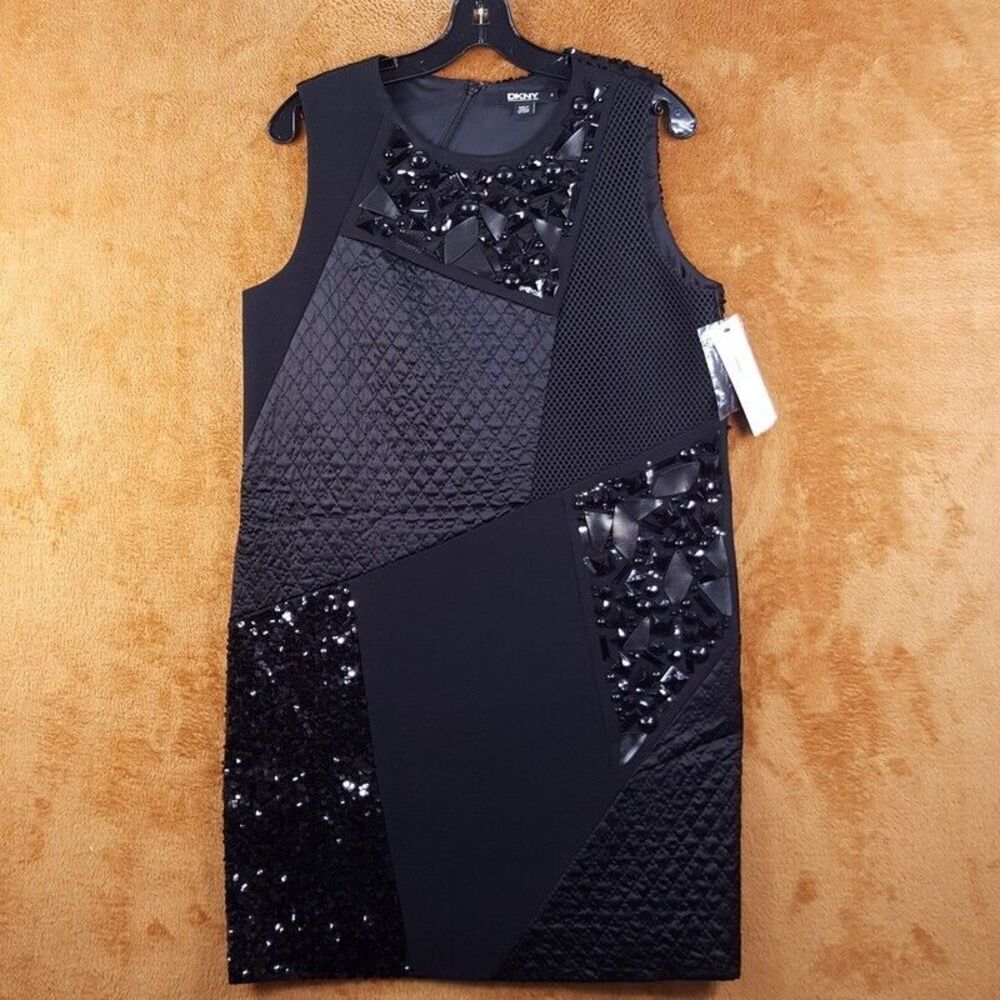 DKNY Womens Dress Small Black Sheath Quilted Textured Beaded Sleeveless $408